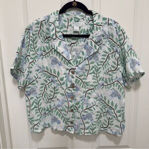 Cynthia Rowley 100% Linen Short Sleeve Shirt Button Up, Floral Birds, Resort, L
